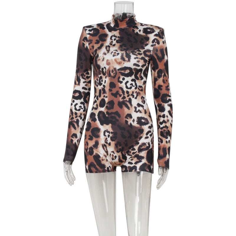 Women Long Sleeve Padded Shoulder Sexy Leopard Print Slim Fit Bodysuit Women