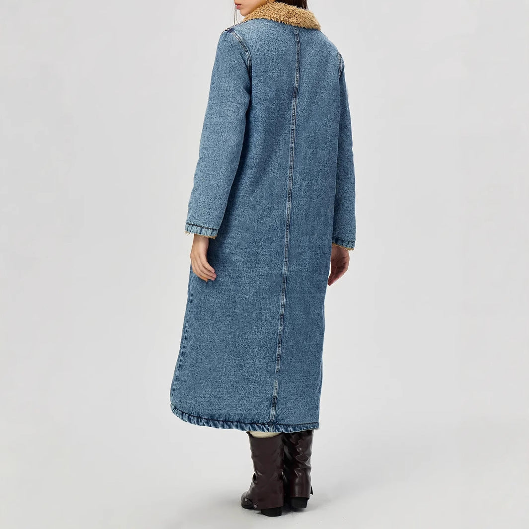 Women's Long Cotton Padded Denim Coat - Velvet Lined