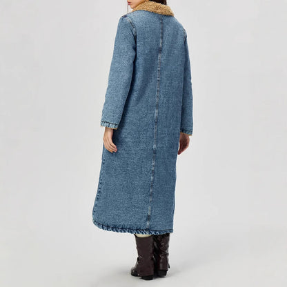Women's Long Cotton Padded Denim Coat - Velvet Lined
