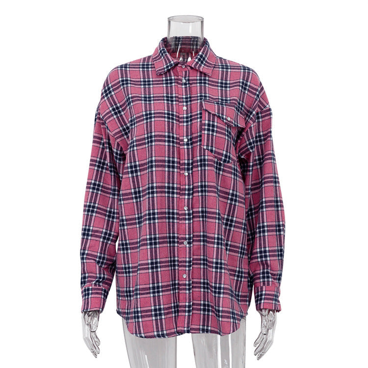 Retro Plaid Shirt Women Casual Plaid Top All Matching Collared Loose Mid Length Shirt