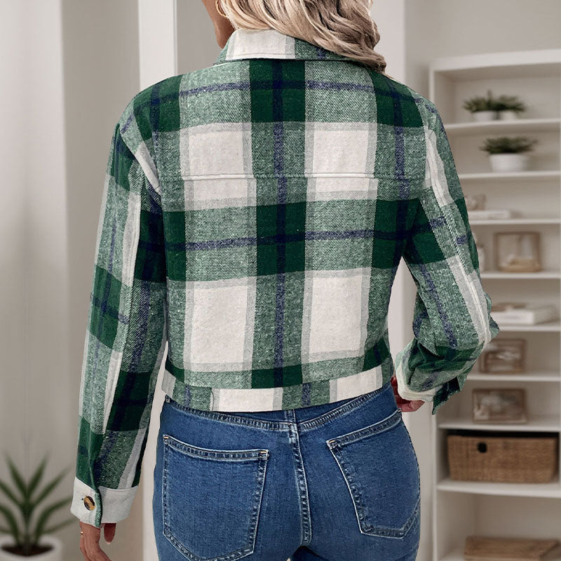 Autumn Winter Short Plaid Cardigan Retro Woolen Bow Coat for Women