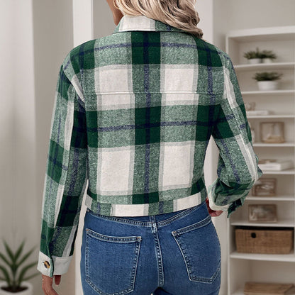 Autumn Winter Short Plaid Cardigan Retro Woolen Bow Coat for Women