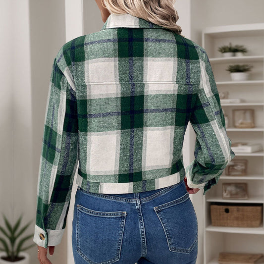 Autumn Winter Short Plaid Cardigan Retro Woolen Bow Coat for Women