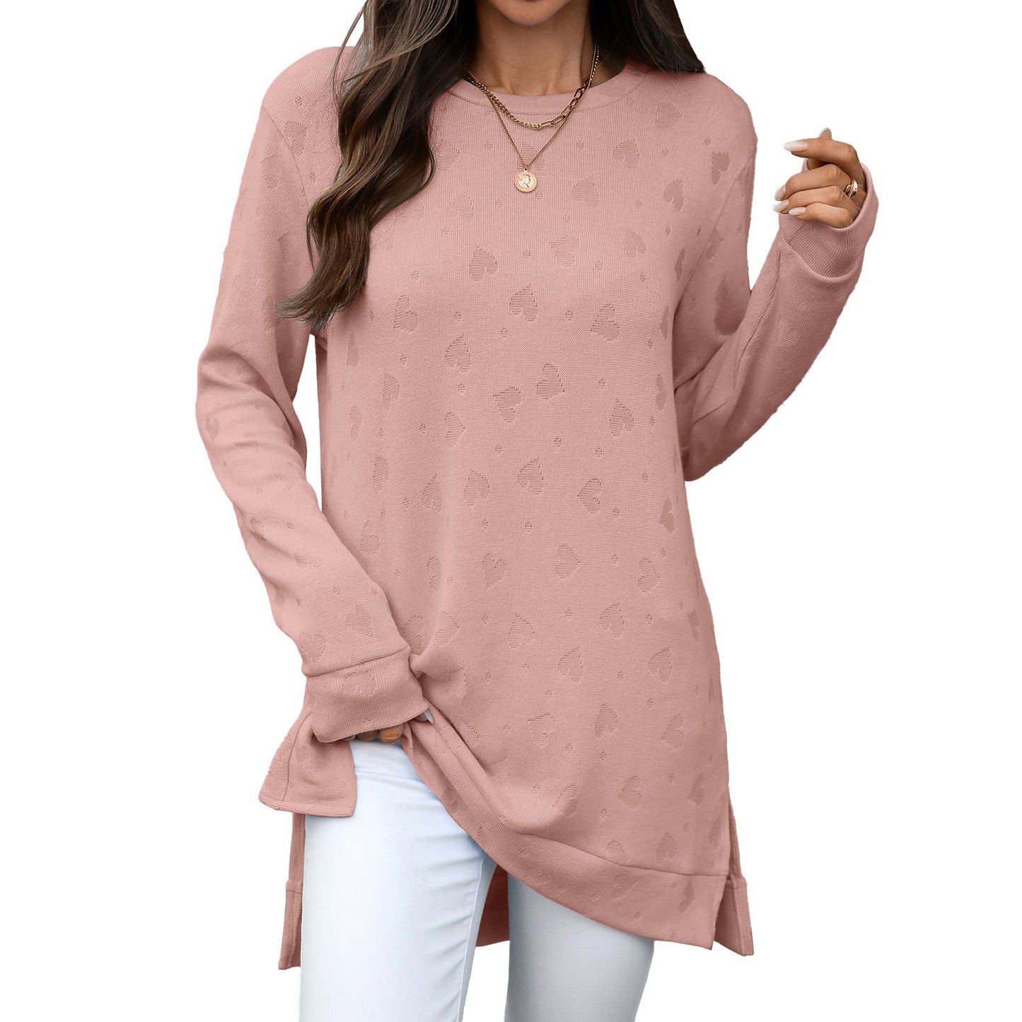 Autumn Winter Solid Color round Neck Loose Long Sleeve Split T shirt Top Women