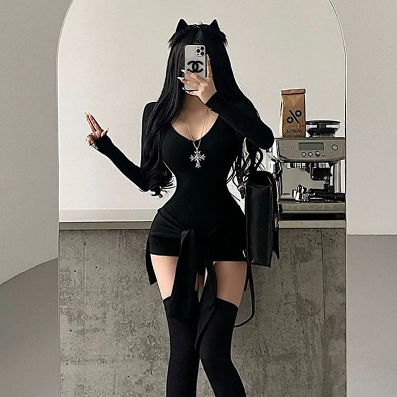 Round Neck Long Sleeve Slim Fit Lace up Waist Tight Solid Color Jumpsuit