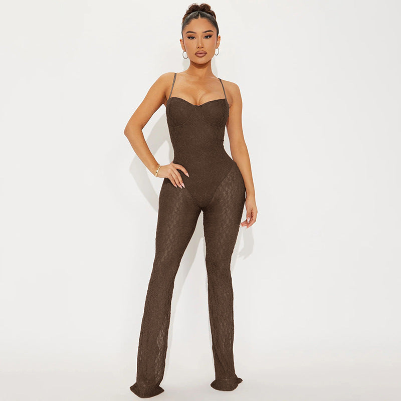 Women Clothing Sexy Lace Tube Tops Strap Backless Micro Transparent Mesh Trousers Jumpsuit Women