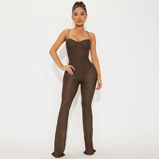 Women Clothing Sexy Lace Tube Tops Strap Backless Micro Transparent Mesh Trousers Jumpsuit Women