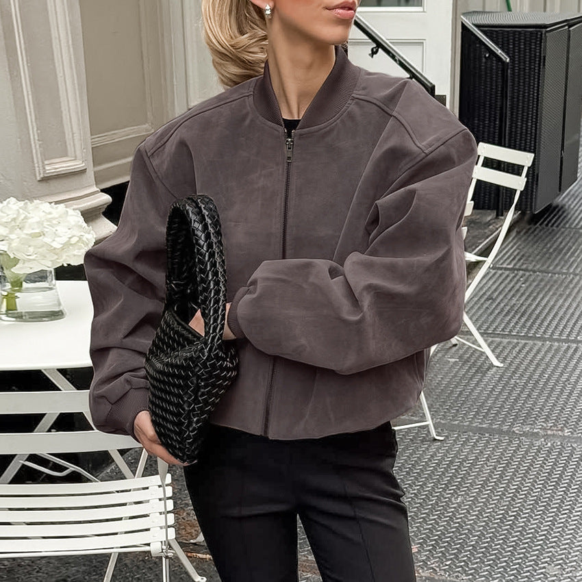 Autumn Winter Retro Gray Suede Knitted V neck Long Sleeve Baggy Coat Casual Commuting Jacket Outer