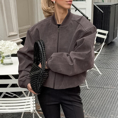 Autumn Winter Retro Gray Suede Knitted V neck Long Sleeve Baggy Coat Casual Commuting Jacket Outer