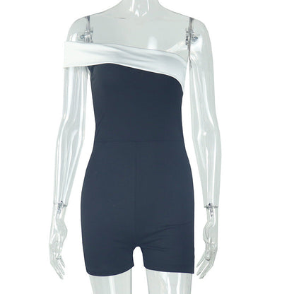 Elegant Women Black White Contrast Color Fit Tube Top Jumpsuit Oblique off Shoulder Raglan Sleeve Jumpsuit