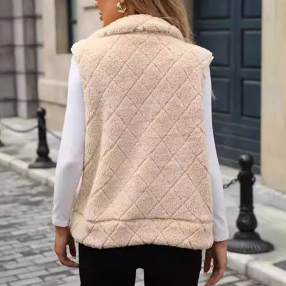Women Clothing Autumn Winter Cardigan Zipper Loose Diamond Lattice Coat Plush Vest