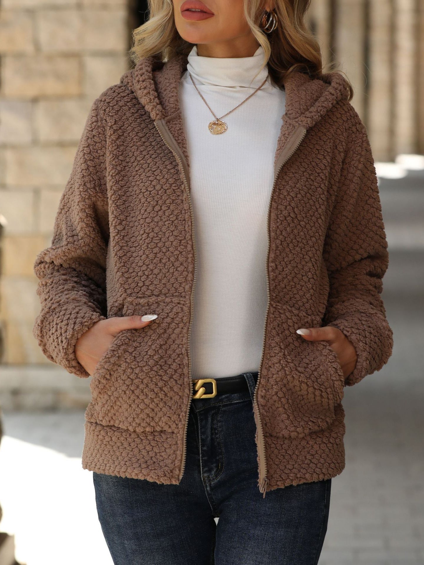 Flash Velvet Women Clothing Autumn Winter Loose Pocket Hooded Zip Cardigan Women Plush Coat