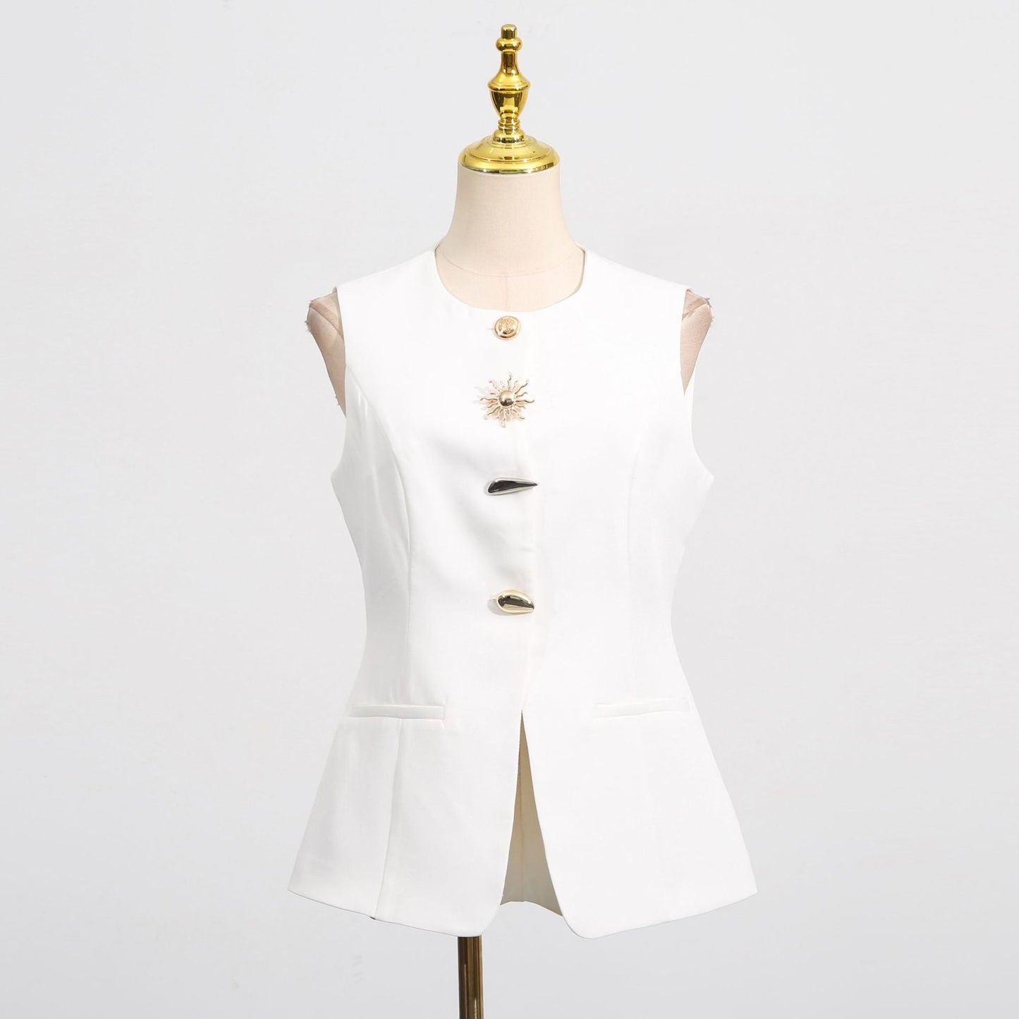 French Sleeveless Top Summer Outdoor Irregular Asymmetric Button Design Slim round Neck Vest for Women