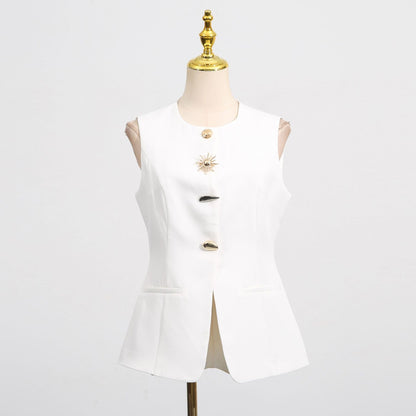 French Sleeveless Top Summer Outdoor Irregular Asymmetric Button Design Slim round Neck Vest for Women