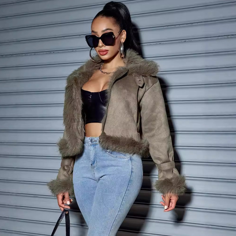 Suede Short Coat Women Fall Winter Jacket Motorcycle Clothing Women