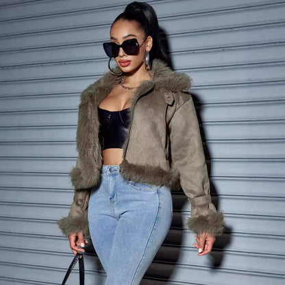 Suede Short Coat Women Fall Winter Jacket Motorcycle Clothing Women