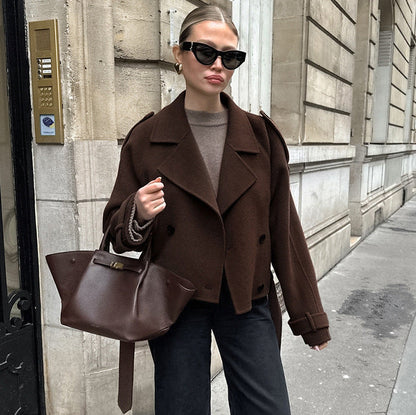 Autumn Winter Collared Elegant Double Breasted Woolen Coat Office Coat Women
