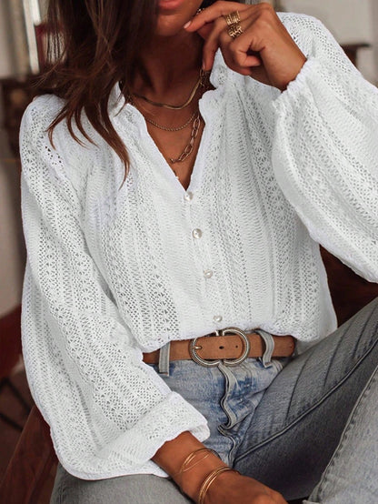 Spring Autumn Loose Hollow Out Cutout Lace V neck Single Breasted Long Sleeve Shirt