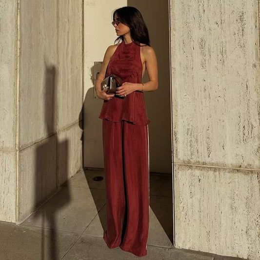 Women Clothing Sleeveless round Neck Solid Color Wide Leg Pants Office Work Pant