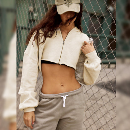 Short Hooded Zipper Sweatshirt Sports Coat Women Autumn Winter Cropped Solid Color Top