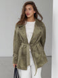 Retro Suede Fabric Jacket Coat Autumn Winter Polo Collar Lace up Waist Trimming Coat