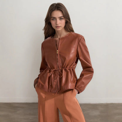Round Neck Brown Tone Drawstring Ruffle Waist Slimming Design Short Long Sleeve Leather Coat