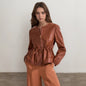 Round Neck Brown Tone Drawstring Ruffle Waist Slimming Design Short Long Sleeve Leather Coat