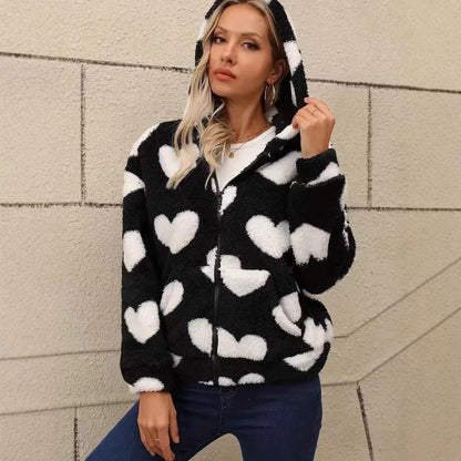 Double Sided Plush Hooded Zip Cardigan Pocket Casual Women Autumn Winter Plush Coat Independent Stand