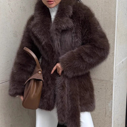 Winter Thickened Faux Fur Coat Women Mid Length Belt Fox Fur Overcoat Collar Plush Women Clothing