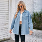 Women Clothing Washed Frayed Hem Denim Long Sleeve Collared Top