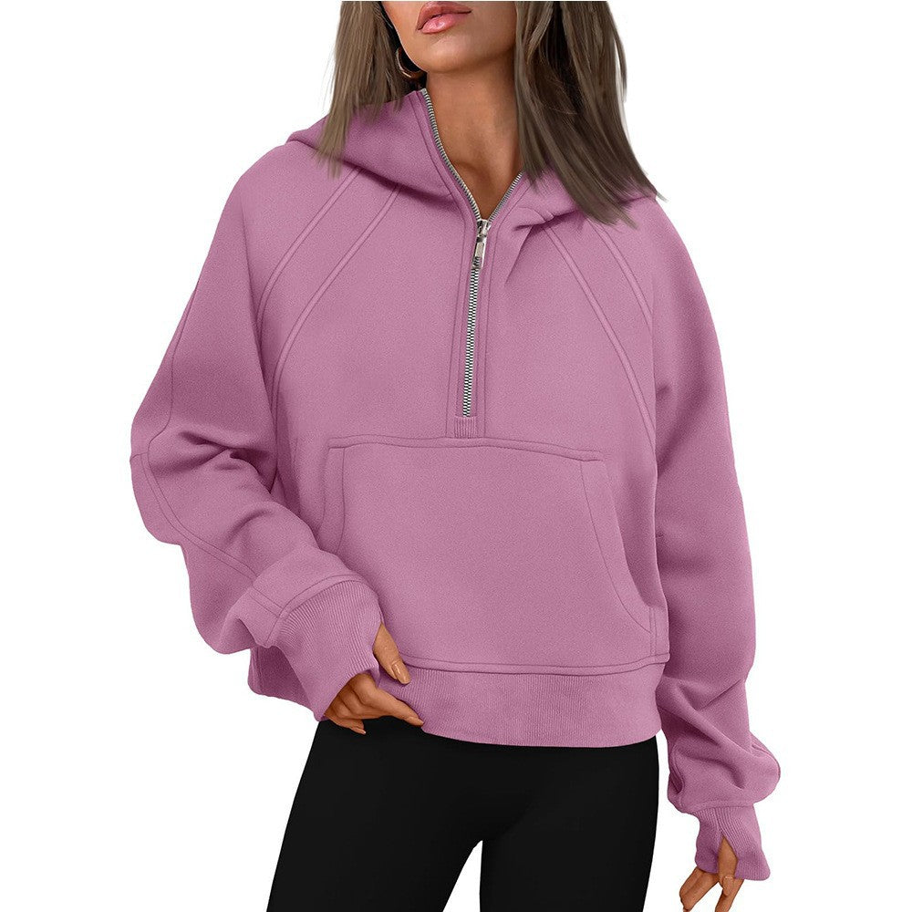 Half Zipper Pullover Hooded Sweatshirt Fleece Short Chic Scuba Sweater for Women
