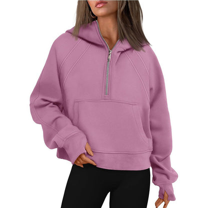 Half Zipper Pullover Hooded Sweatshirt Fleece Short Chic Scuba Sweater for Women
