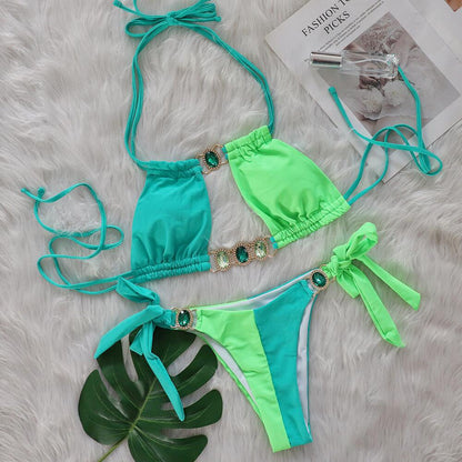 Baizi Crystal Diamond Bikini Sexy Patchwork Strap Women Split Swimsuit