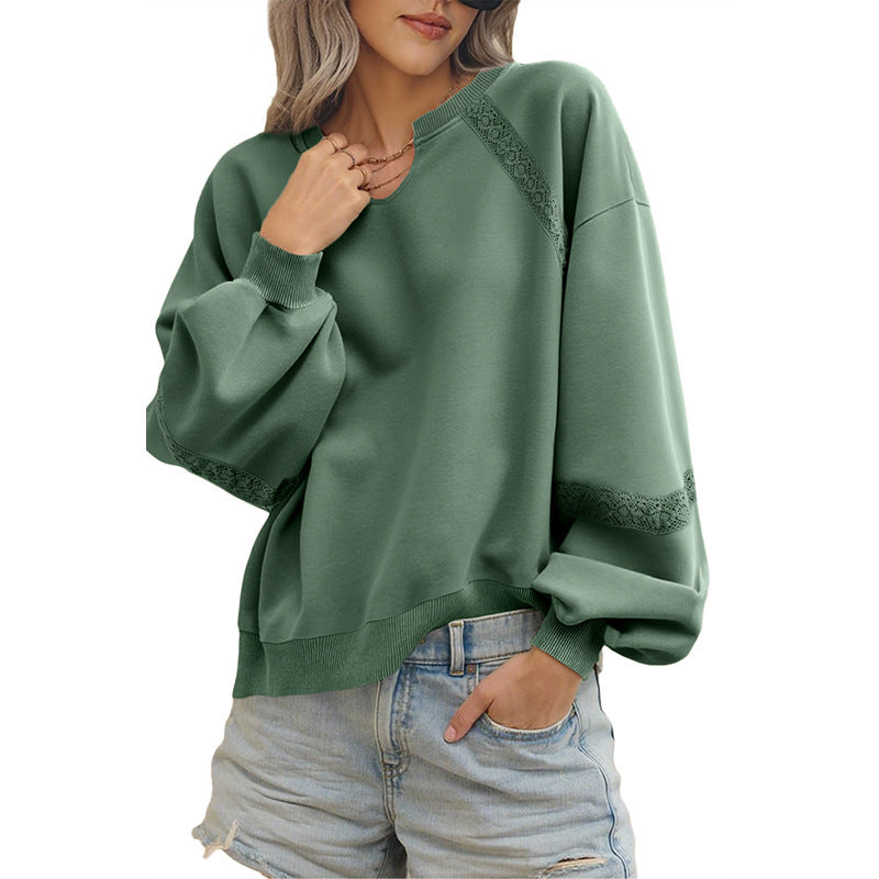 Solid Color Half Open Collar Stitching Lace Loose Stylish Long Sleeves Sweater
