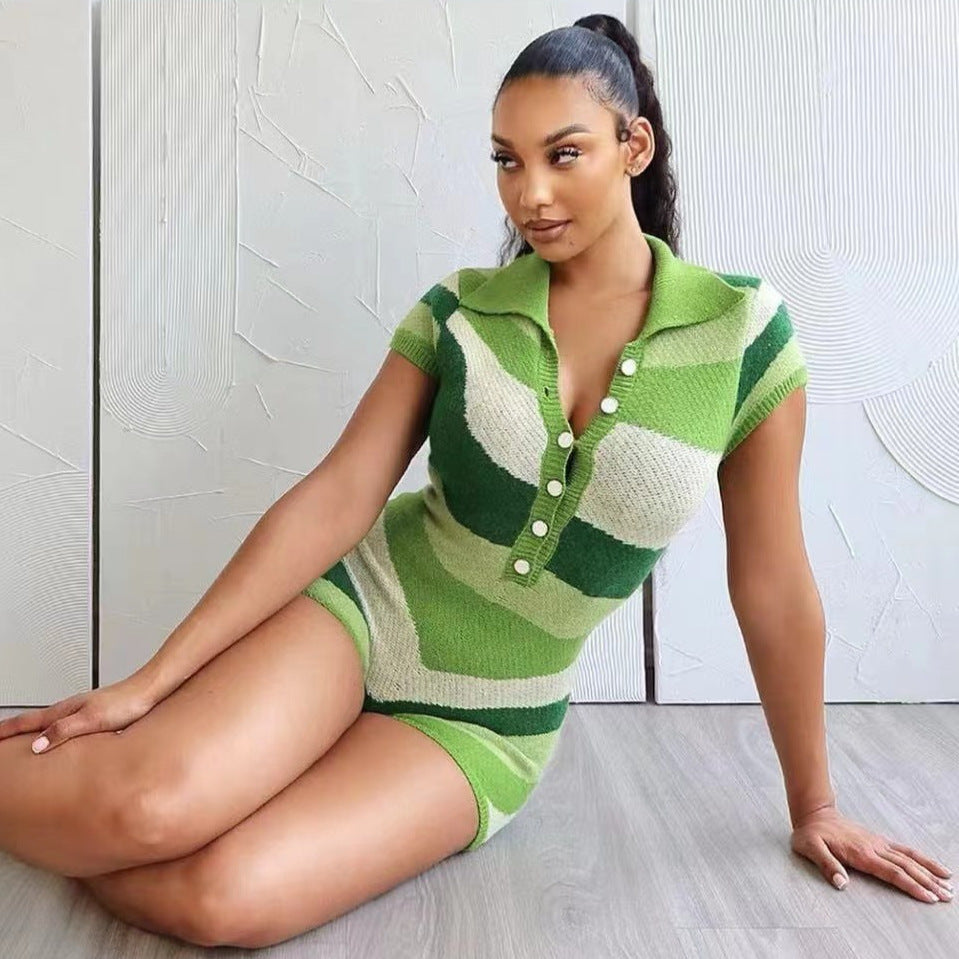 Women Short Sleeve Collared Casual Knitted Jumpsuit Color Contrast Sexy Tight Romper