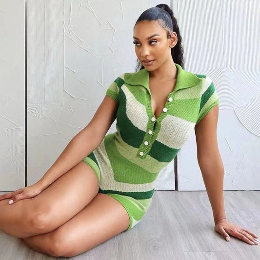 Women Short Sleeve Collared Casual Knitted Jumpsuit Color Contrast Sexy Tight Romper
