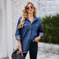 Women Clothing Washed Frayed Hem Denim Long Sleeve Collared Top