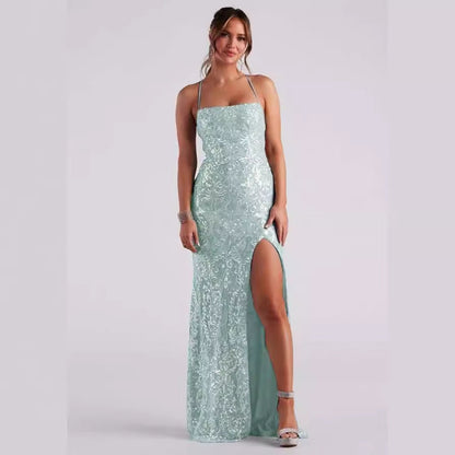 Sexy off Neck Sequined Floor Evening Dress Elegant Slit Cocktail Dress (3 Colors)