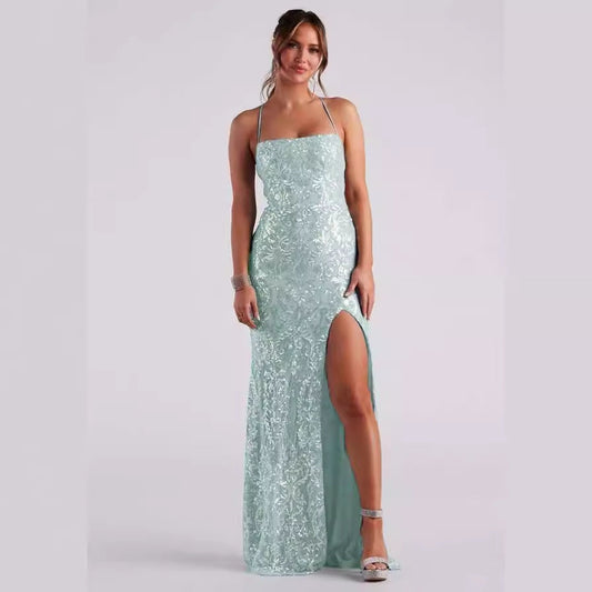 Sexy off Neck Sequined Floor Evening Dress Elegant Slit Cocktail Dress (3 Colors)