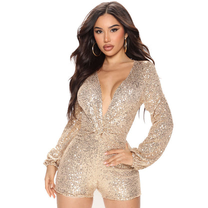 Fall Season Women Clothes Sexy Deep V Plunge Long Sleeve Slim Fit Sequined Jumpsuit