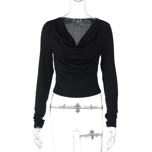 Women Clothing Summer Slim Deep V Plunge Niche Sexy Bottoming Long Sleeve T shirt