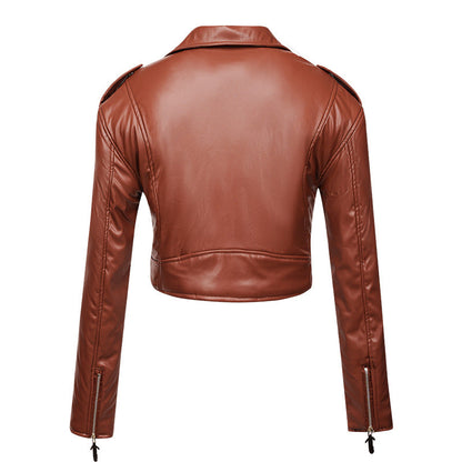 Women Leather Jacket Slim Fit Short Cotton High Waist Long Sleeve Collared Oblique Zipper Leather Jacket Faux Leather Women Motorcycle Clothing