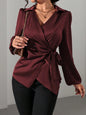 Women Autumn Winter Long Sleeved Satin Shirt Lace up Cinched Blouse Top