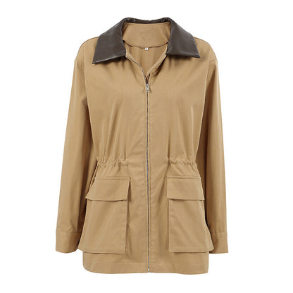 Autumn Winter Patchwork Leather Loose Trench Women