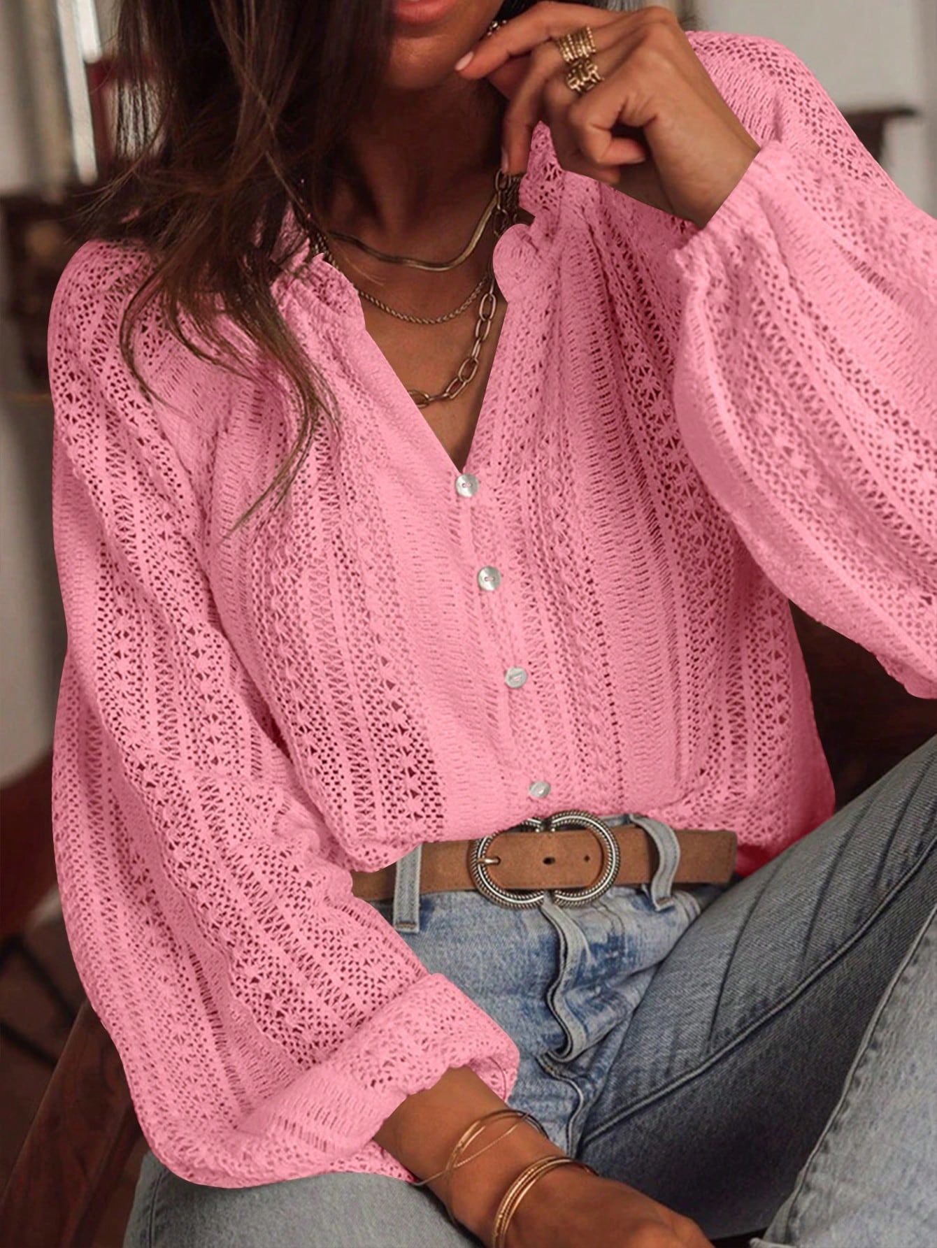 Spring Autumn Loose Hollow Out Cutout Lace V neck Single Breasted Long Sleeve Shirt