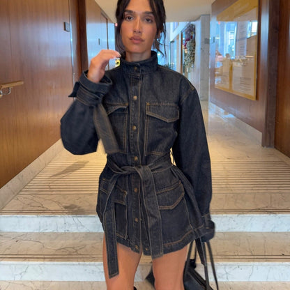 Women Casual Loose Collared Single Breasted Workwear Denim Jacket