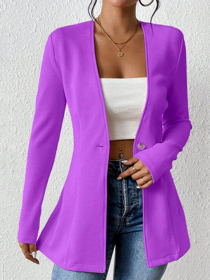 Fashionable V neck One Button Solid Color Long Sleeve Small Blazer