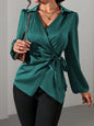 Women Autumn Winter Long Sleeved Satin Shirt Lace up Cinched Blouse Top