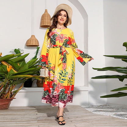 Plus Size Printed Long Sleeve Dress High Waist Lace up Vacation Swing Maxi Dress