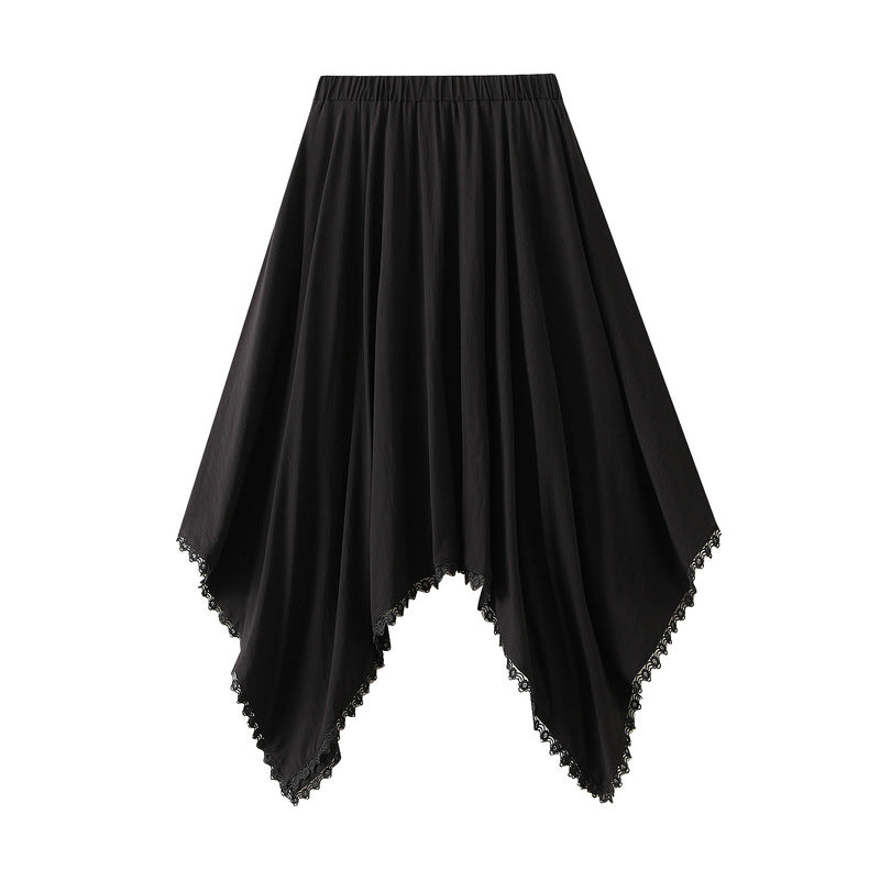 Irregular Asymmetric Lace Stitching Skirt Women Autumn Elastic Waist Casual A line Large Hem Umbrella Skirt